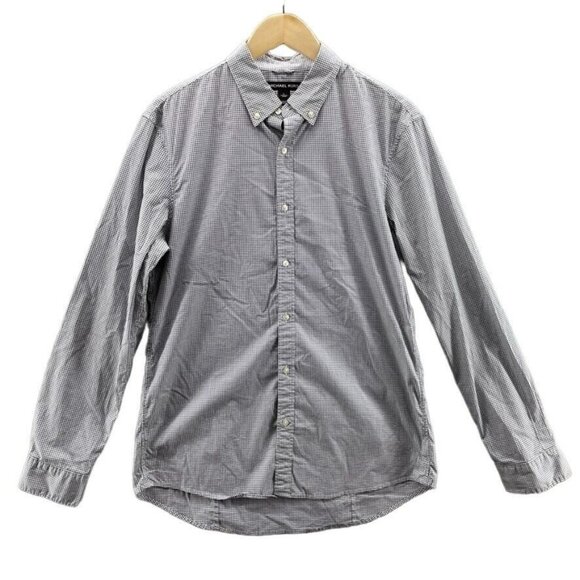 Michael Kors Button Down Shirt Mens Large White Blue Micro Plaid‎ Cotton - Picture 1 of 8